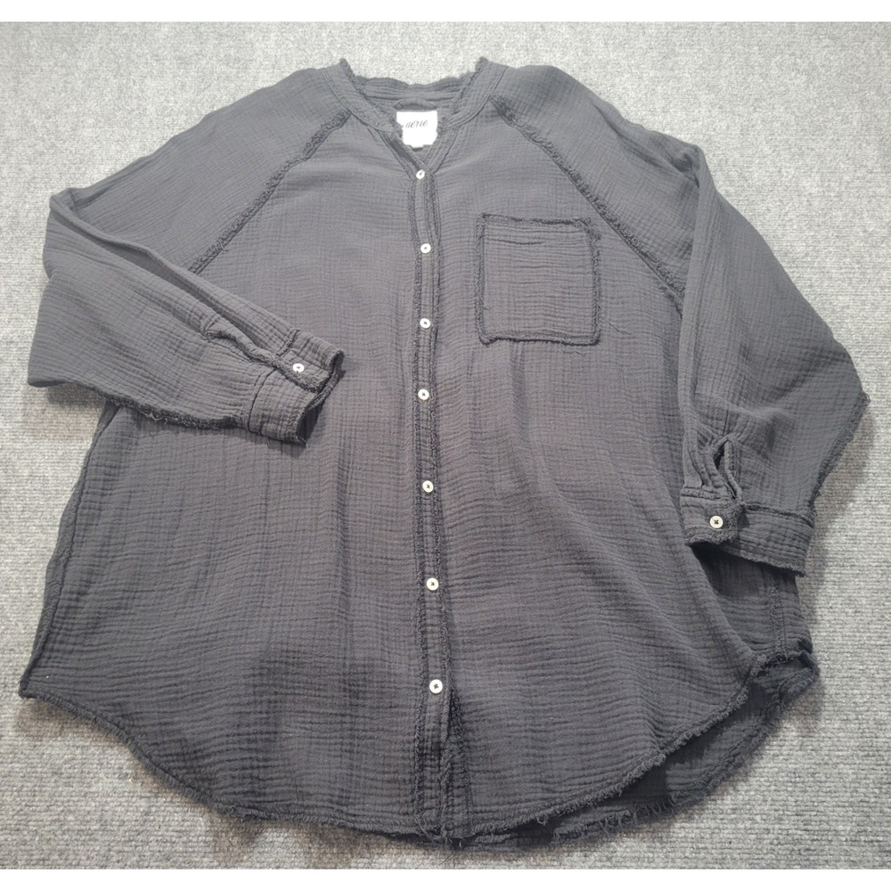 Aerie Charcoal Grey Gauze Button Down Shirt Raw Edge Oversized Large